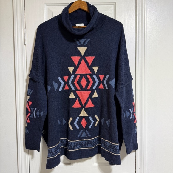 J.Jill navy Aztec oversized tunic poncho knit cowl neck sweater size Large - Picture 2 of 5
